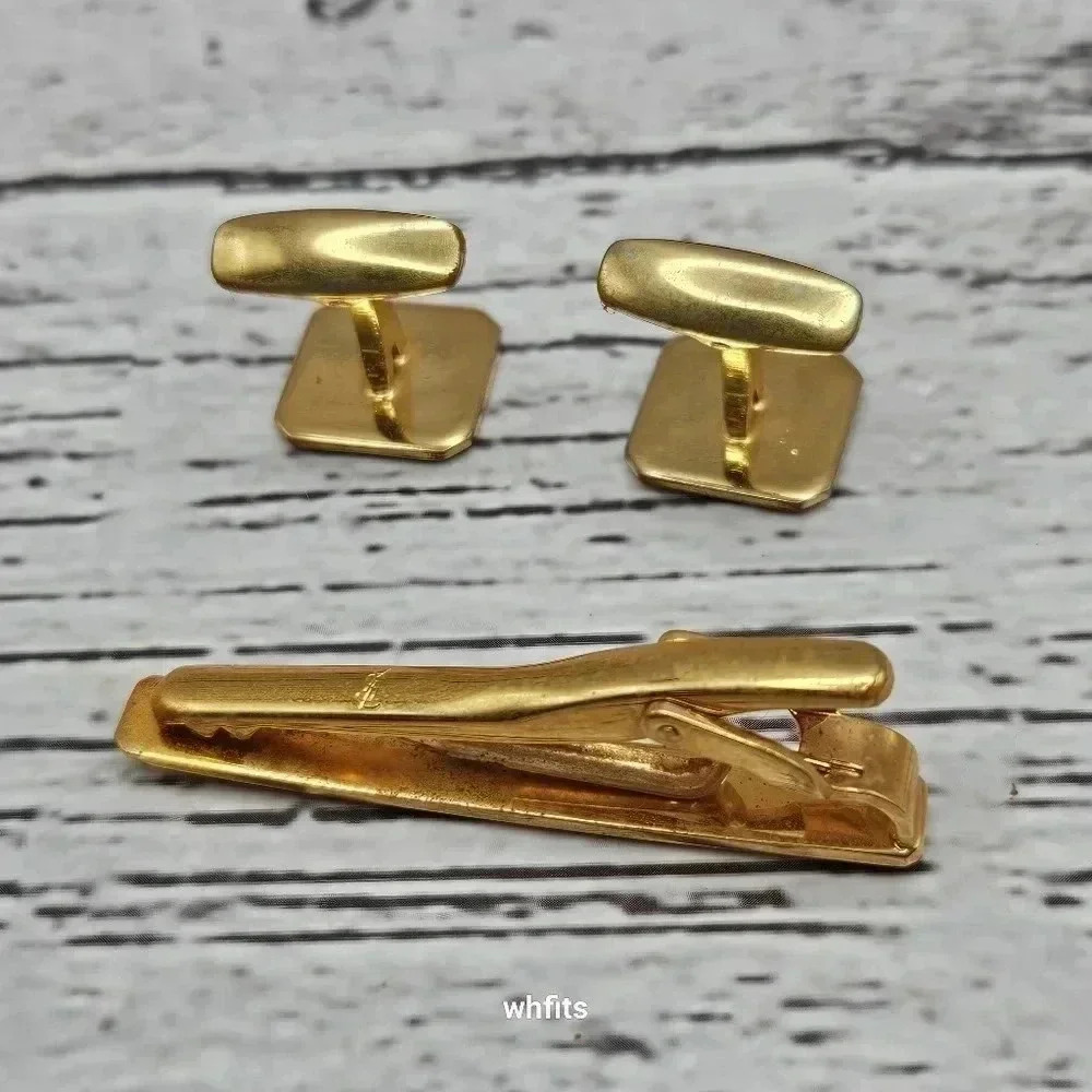 Yves Saint Laurent Gold and Matte Grey Tone Cufflinks and Tie Bar Set Vintage - Picture 2 of 4